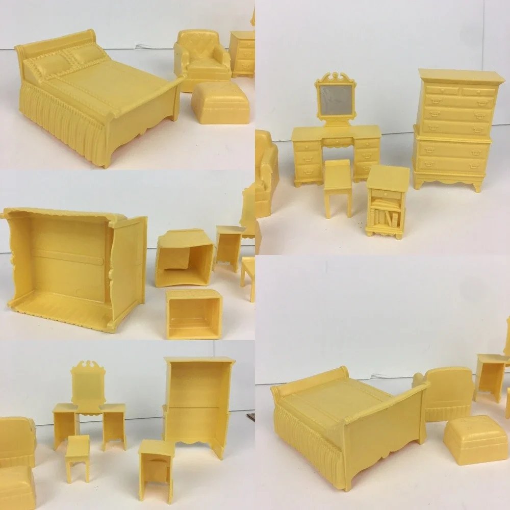 Marx Random 19 Vtg Plastic Mini Doll Furniture Bedroom Bathroom‎ Yellow Red Tan